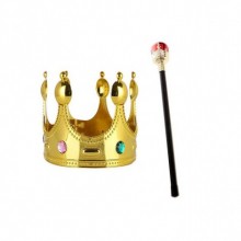 Çocuk Boy Altın Renk Kral Tacı ve Kırmızı Topuzlu Kral Asası