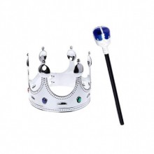 Çocuk Boy Gümüş Renk Kral Tacı ve Mavi Topuzlu Kral Asası
